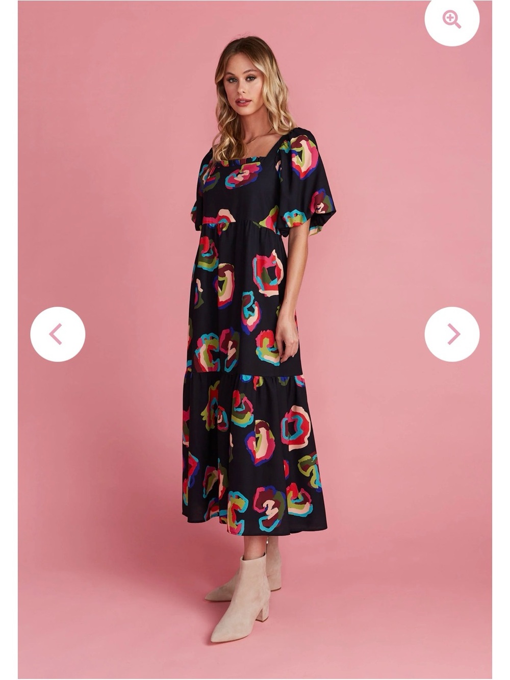 CROSBY by Mollie Burch Black Midi Dress with Multicolor Abstract Floral Print